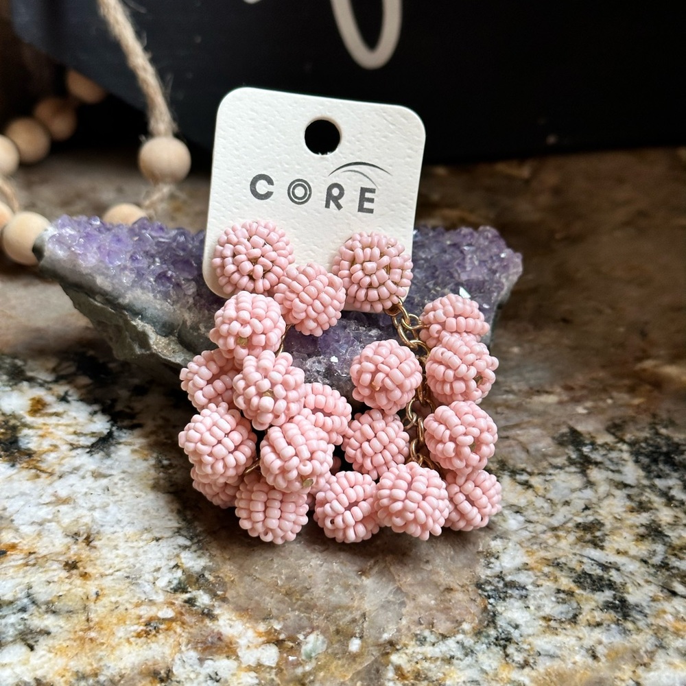 Gold Pink Seed Bead Ball Cluster Earrings - Picture 2 of 8